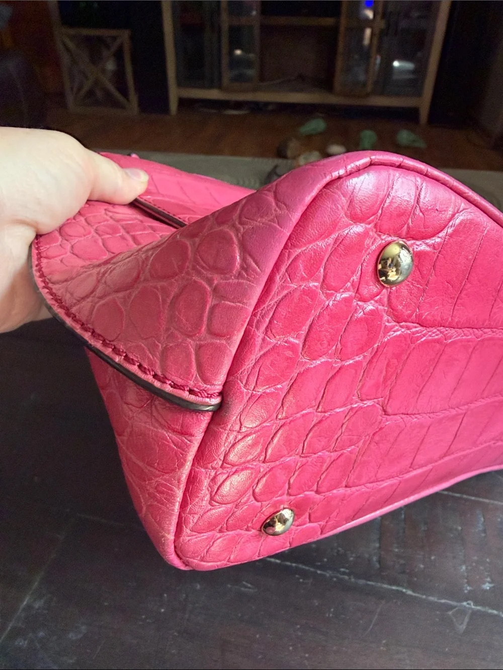 MCM Pink Croc-Embossed Top Handle Satchel with Gold Hardware